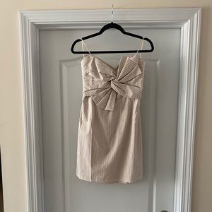Beige striped tube dress with bow detail